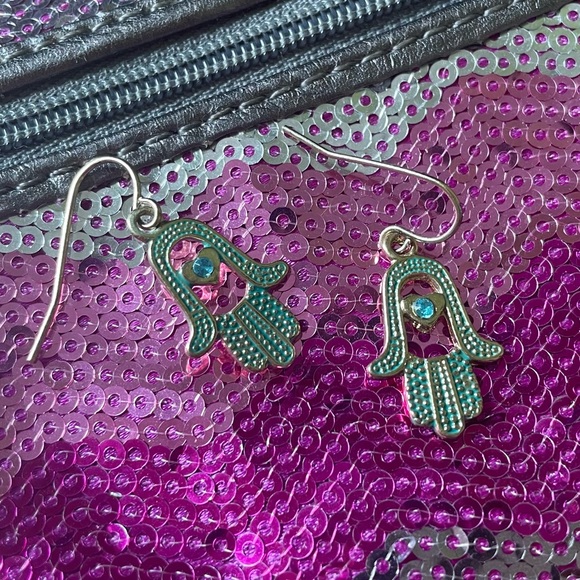 GOLDTONE BLUE RHINESTONE HAND DANGLE EARRINGS - Picture 1 of 1